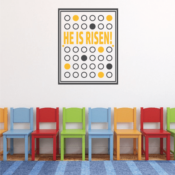 Die-cut religious decal with "He Is Risen!" and circular pattern