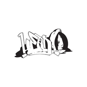 Graffiti head decal with hooded figure and black-and-white urban lettering