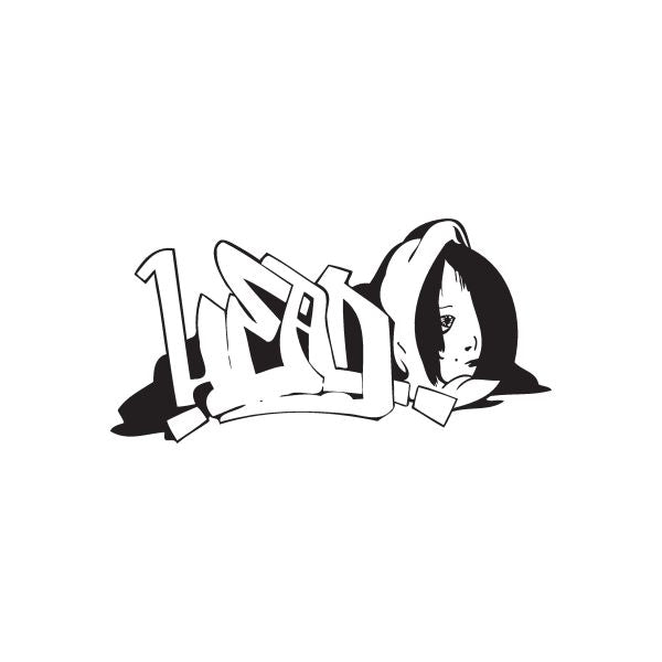 Graffiti head decal with hooded figure and black-and-white urban lettering