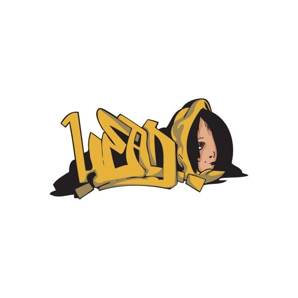 Graffiti head sticker with yellow and black lettering and cartoon face