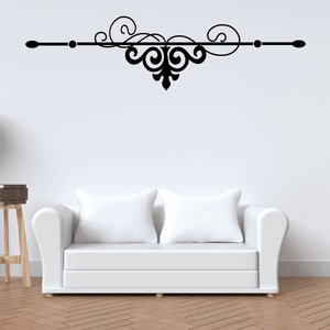 Vinyl wall decal with black scrollwork flourish and two horizontal dot accents