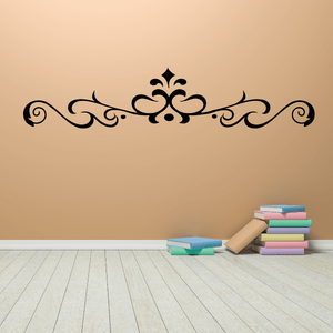 Black ornamental wall decal with curving scroll and central fleur-de-lis