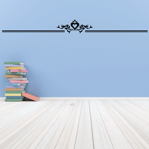 Vinyl wall decal with heart flourish and horizontal stripe, black decorative design