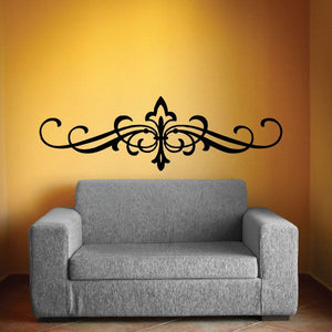 Ornate vinyl wall decal: black and gold fleur-de-lis with scrollwork
