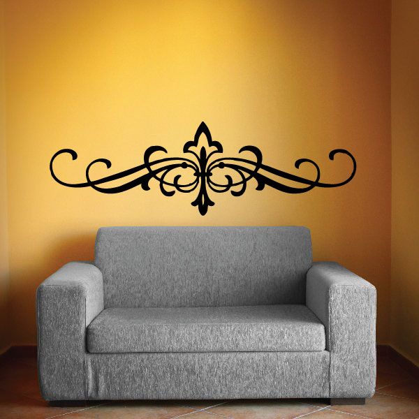 Ornate vinyl wall decal: black and gold fleur-de-lis with scrollwork