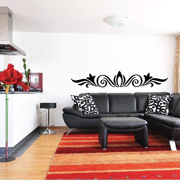Black vinyl wall decal with ornate scroll headboard design