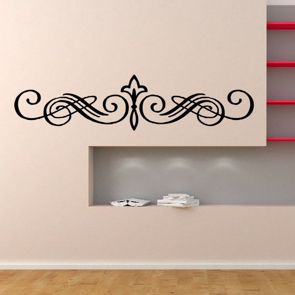 Black ornamental vinyl headboard decal with scrolls and centered fleur-de-lis