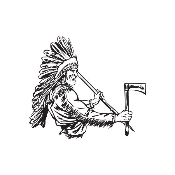 Native American headdress decal: feathered warrior holding a weapon in black and white