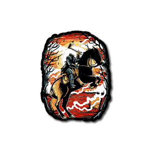 Vinyl sticker of a skull with a horse rider, orange, white, and black artwork