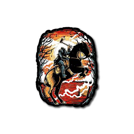Vinyl sticker of a skull with a horse rider, orange, white, and black artwork