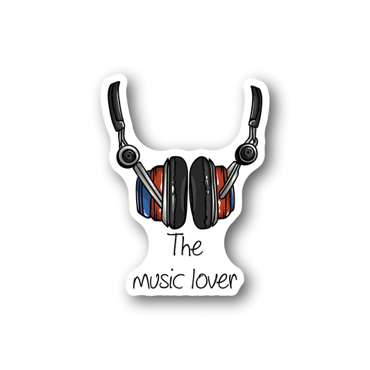 Music lover vinyl sticker with black headphones and script text The Music Lover