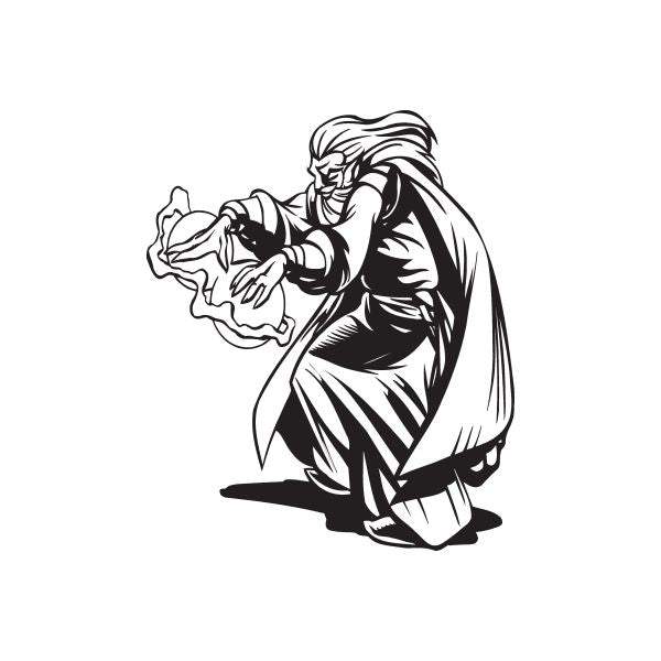 Healing wizard decal, black-and-white line art of a crouching healer