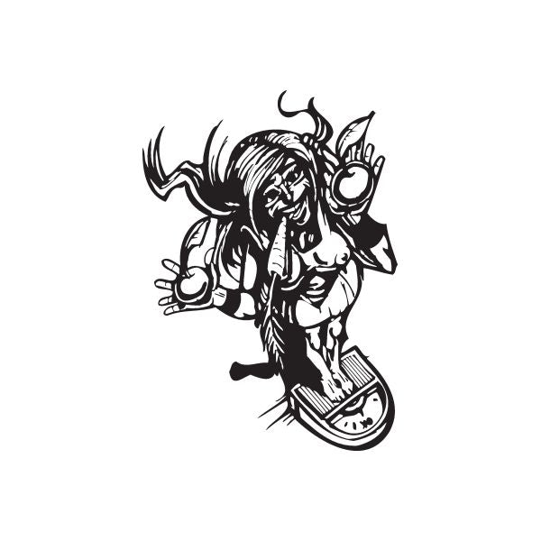Black vinyl wall decal of a stylized horned demon face in line art