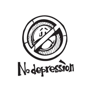 Wall decal with circular eye-and-fist icon and 'No depression' lettering