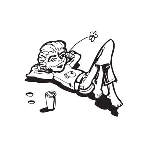 Black vinyl wall decal with cartoon person resting, flower above head, and drink cup