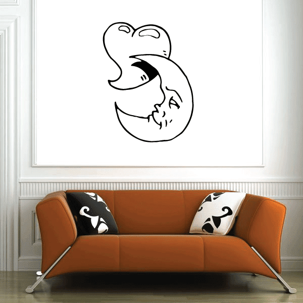 Heart and moon decal, black line art heart inside a moon shape