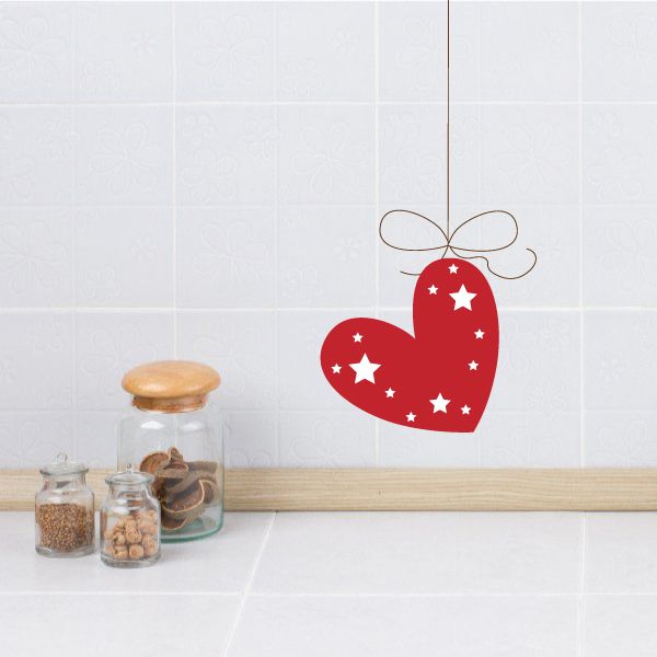 Red heart Christmas hanging ornament decal with white star pattern and ribbon loop