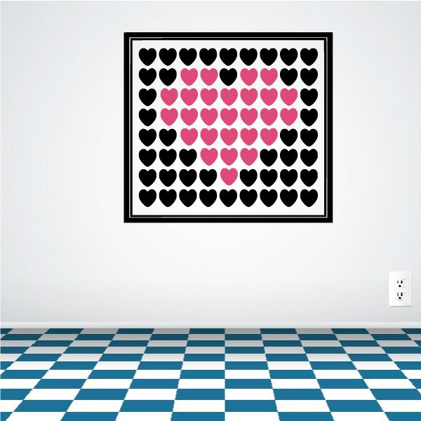 Square wall decal with collage of black and pink hearts in a grid
