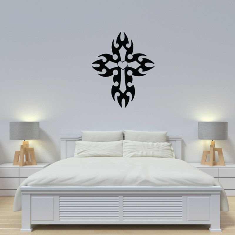 Image of Heart Cross with Tribal Flames Decal