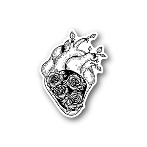Heart-shaped vinyl sticker with roses and leaf details