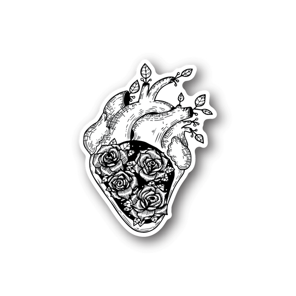 Heart-shaped vinyl sticker with roses and leaf details