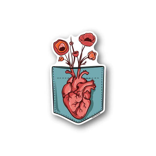 Heart growing flowers vinyl sticker with red roses and outlined teal heart patch