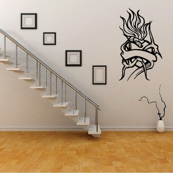 Black angel wings flame wall decal with cross and heart