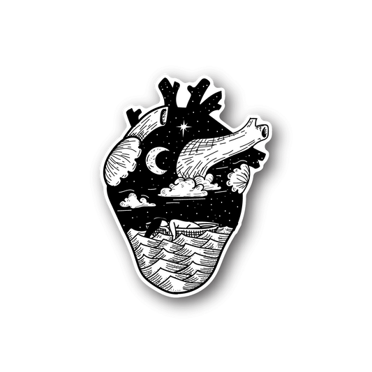 Heart vinyl sticker with night landscape, moon and stars, black-and-white design