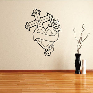 Vinyl angel wings wall decal with heart, cross, and floral rose line art