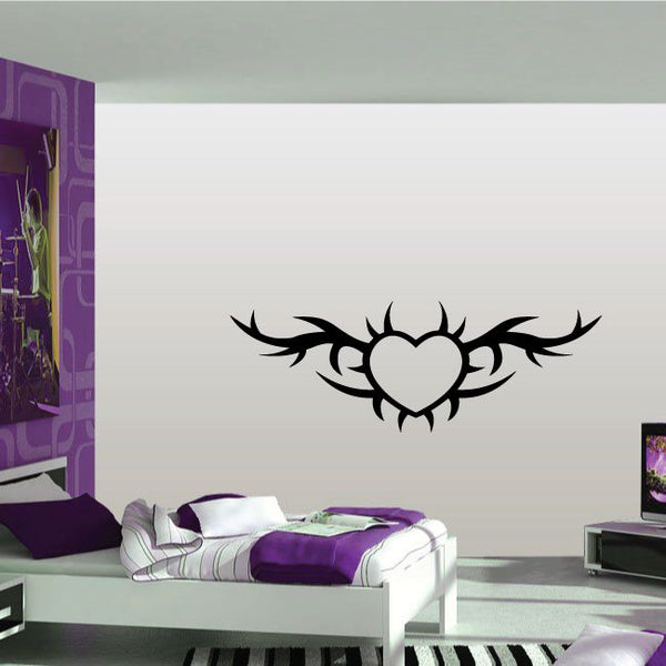 Tribal heart wall decal, black heart with spiky sunburst wings