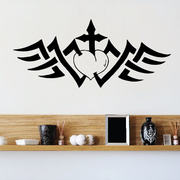 Image of Heart with Cross and Tribal Wings Decal