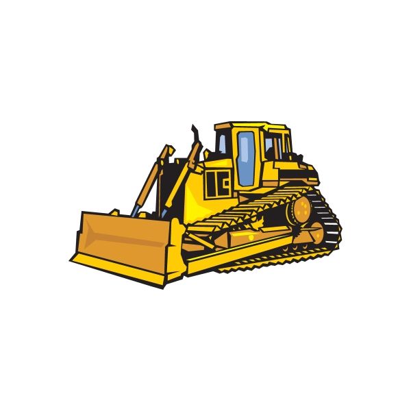 Yellow bulldozer sticker with front loader bucket and detailed tracks illustration