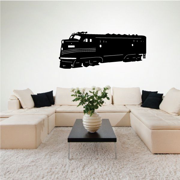Diesel train engine decal, black locomotive silhouette with smokestack and wheels