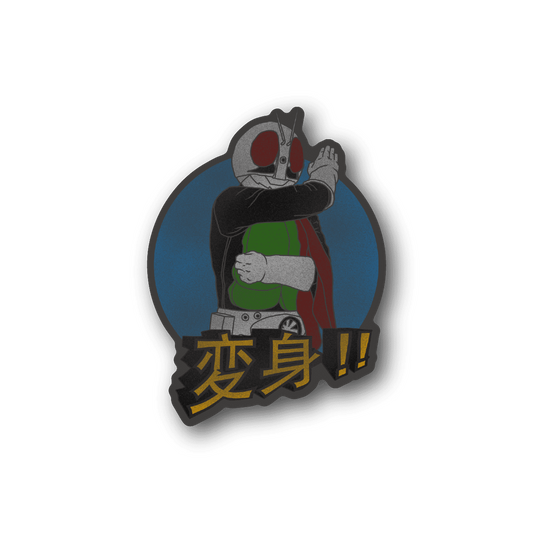 Vinyl sticker of masked figure in black suit with red scarf, holding sword, blue circle, gold text
