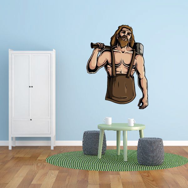 Hephaestus character sticker: bearded muscular man with raised hammer and apron