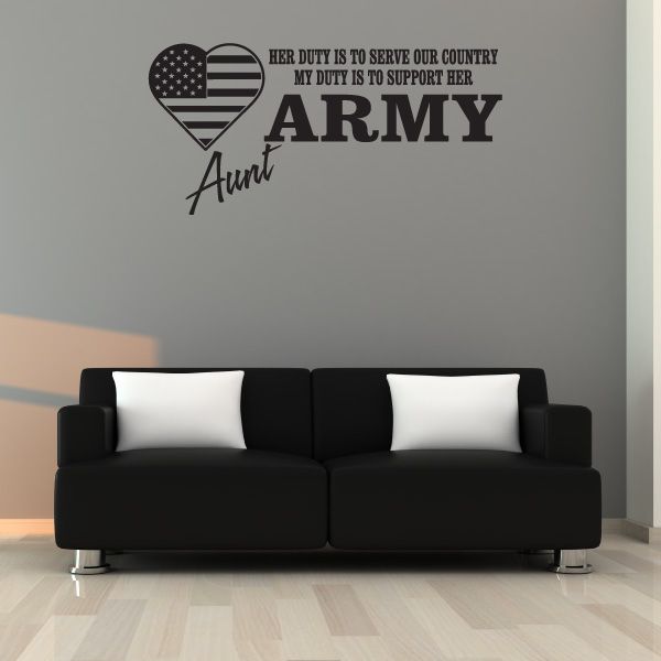 Army aunt wall decal with heart flag and text "Her Duty is to serve our country"
