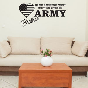 Army brother wall decal: US flag heart with "Her Duty...Support Her"