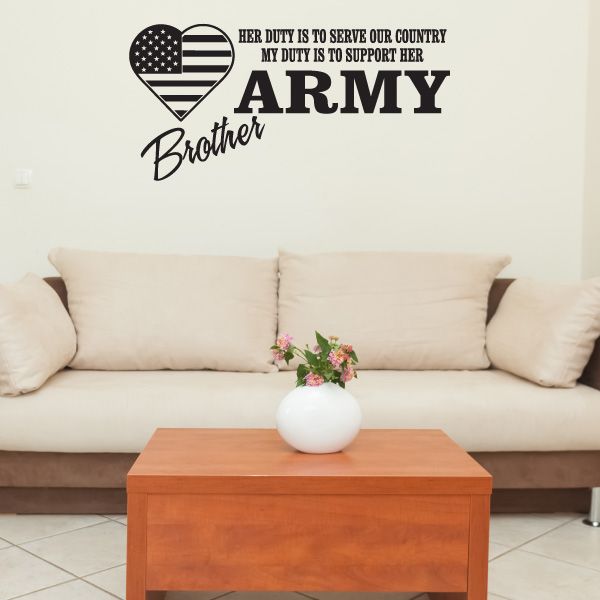 Army brother wall decal: US flag heart with "Her Duty...Support Her"