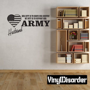 Army husband wall decal with U.S. flag heart and text supporting her duty to serve