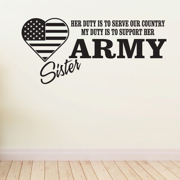 Army sister wall decal with U.S. flag heart and bold 'ARMY' text