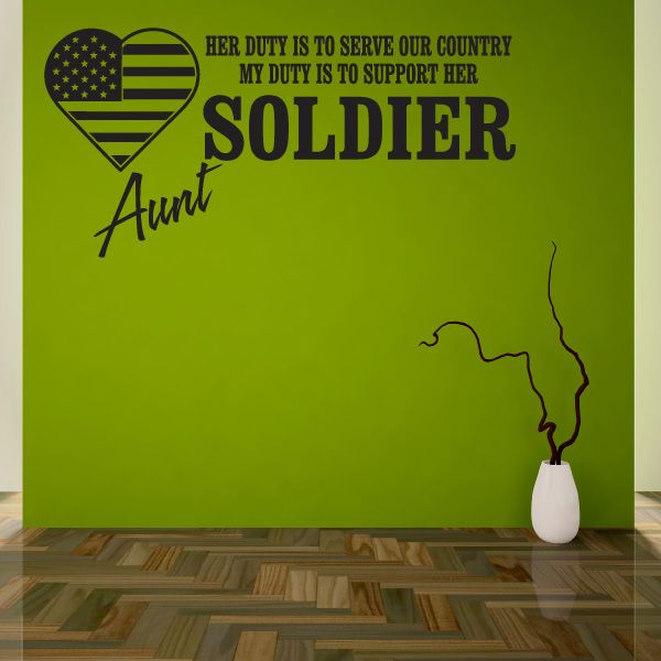 Patriotic soldier wall decal with heart flag, 'Aunt', and quote text