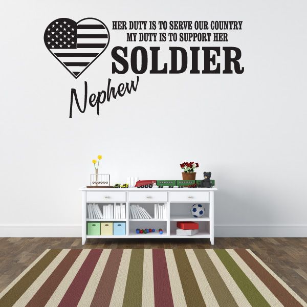 Soldier wall decal with U.S. flag heart and 'Nephrew' text