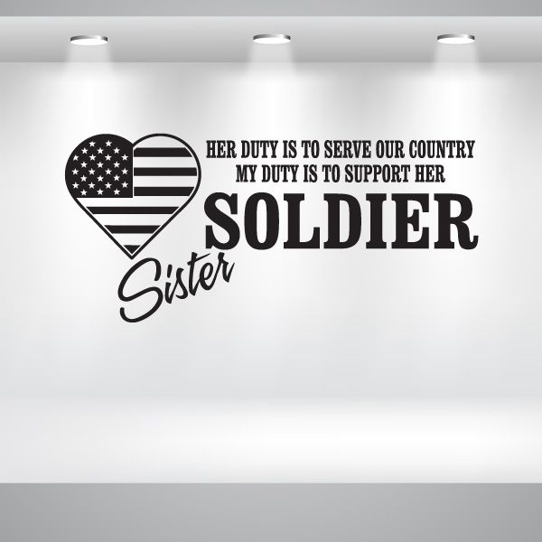 Heart-shaped US flag decal with 'SOLDIER' and 'Sister' text