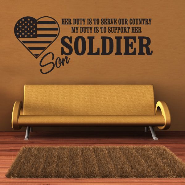 Heart-shaped US flag decal with patriotic text: "SOLDIER" and duty message