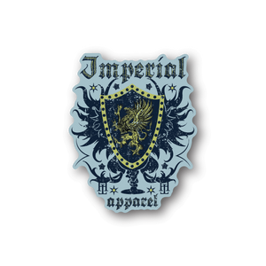 Imperial crest vinyl sticker with shield, wings, and decorative banner in blue and gold