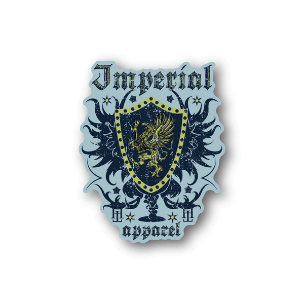 Imperial crest vinyl sticker with shield, wings, and decorative banner in blue and gold