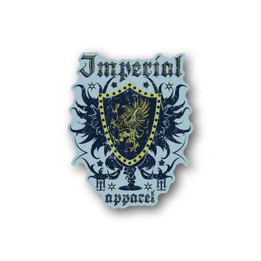 Imperial crest vinyl sticker with shield, wings, and decorative banner in blue and gold