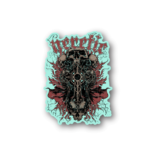 Vinyl sticker with teal and red skull and ornate cross design