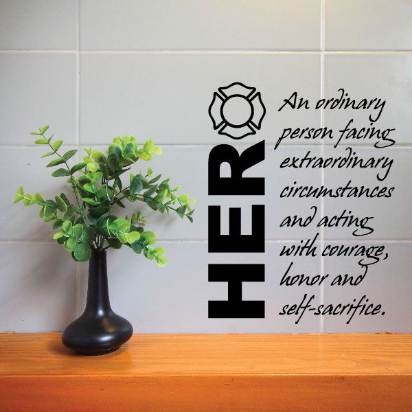 Black firefighter-themed hero wall decal with text and gear icon