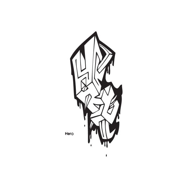 Black and white graffiti-style hero decal with angular face and paint drips